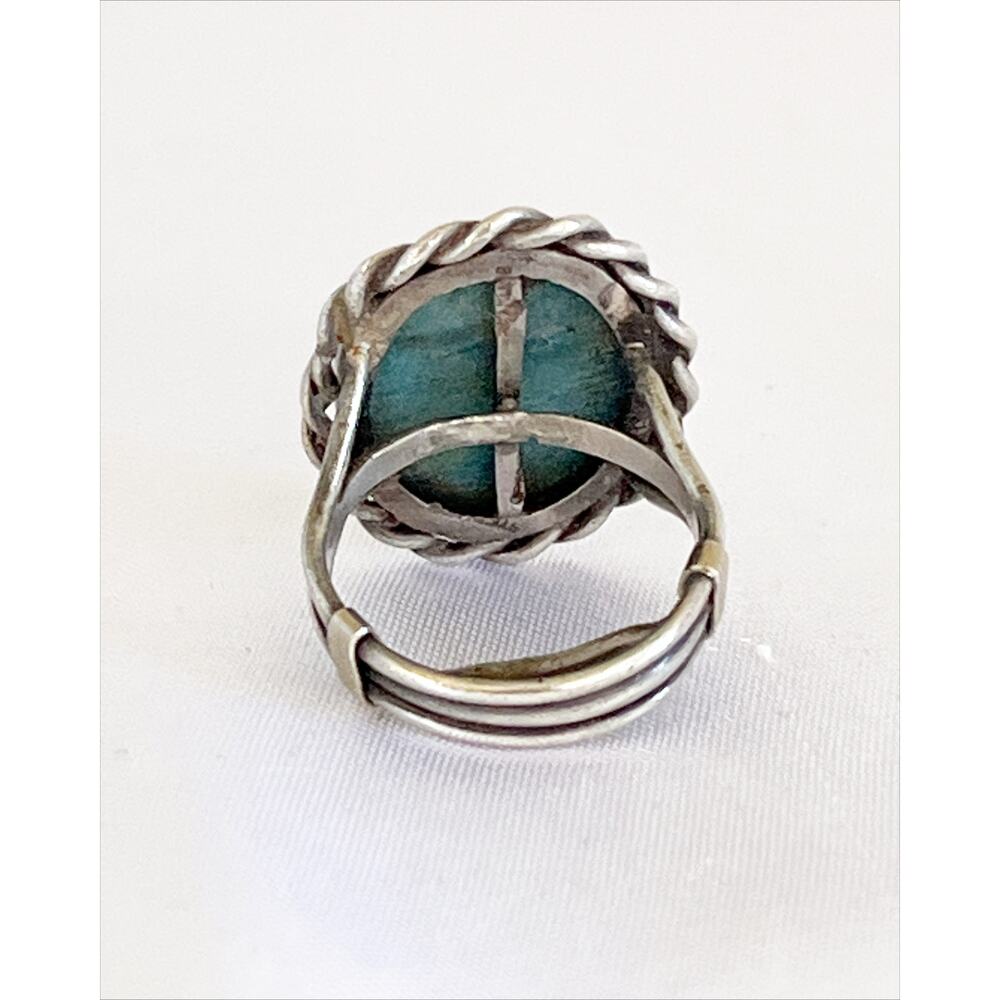 Native American Navajo Sterling Silver Turquoise Twisted Rope Bezel Split Band - Picture 8 of 11